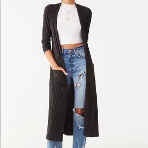 F21 Black Ribbed Open-Front Duster Cardigan